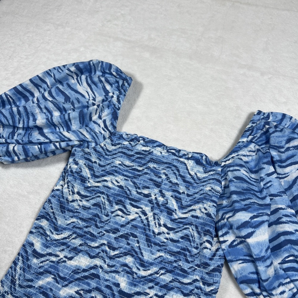 INC International Concepts Off Shoulder Smocked Balloon Sleeve Blue Crop Top New